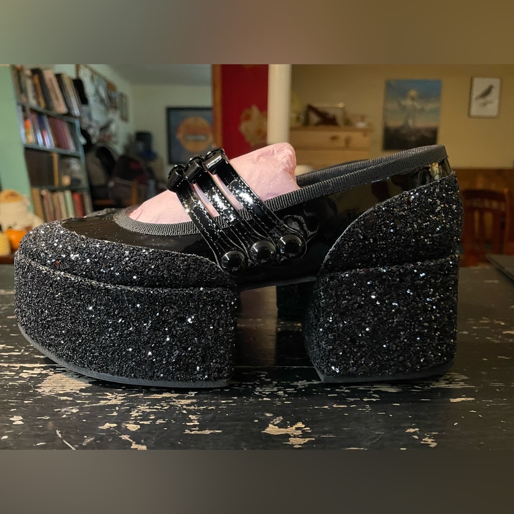 Repetto Noir Kei Ninomiya Black Patent Glitter Platform Mary Jane’s